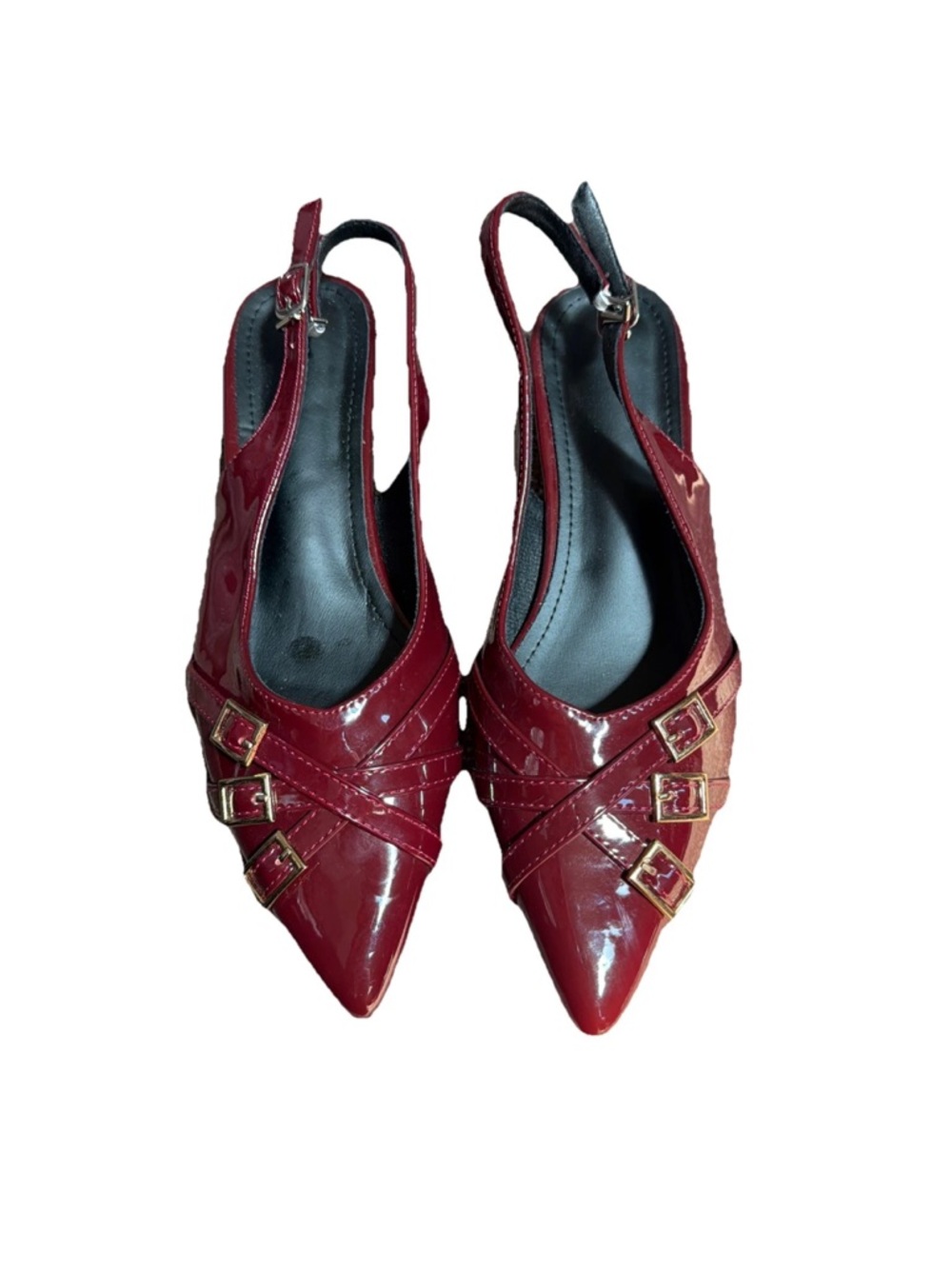 🆕Patent Pointed Slingback Block Heel Triple Buckle Detail - Cherry Red SZ 8.5 - Picture 2 of 5